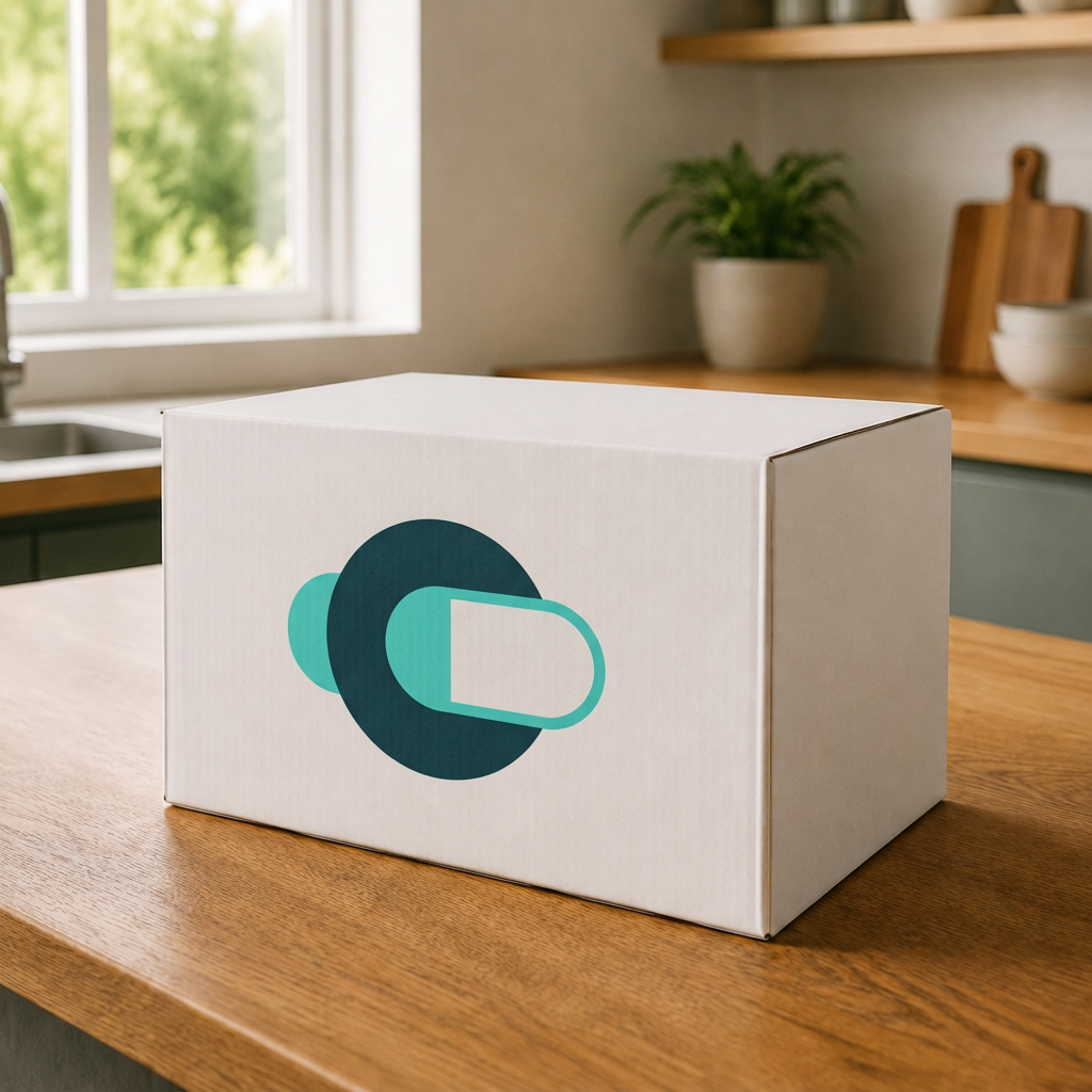 Plain white shipping box with a subtle CNM logo on a kitchen counter