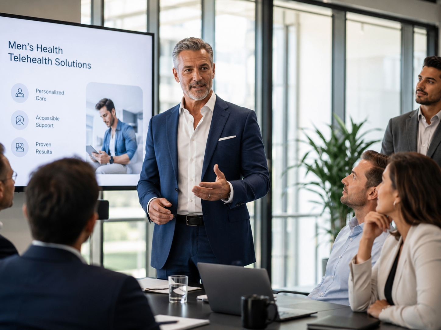 Man in a navy suit presenting confidently in a modern office boardroom