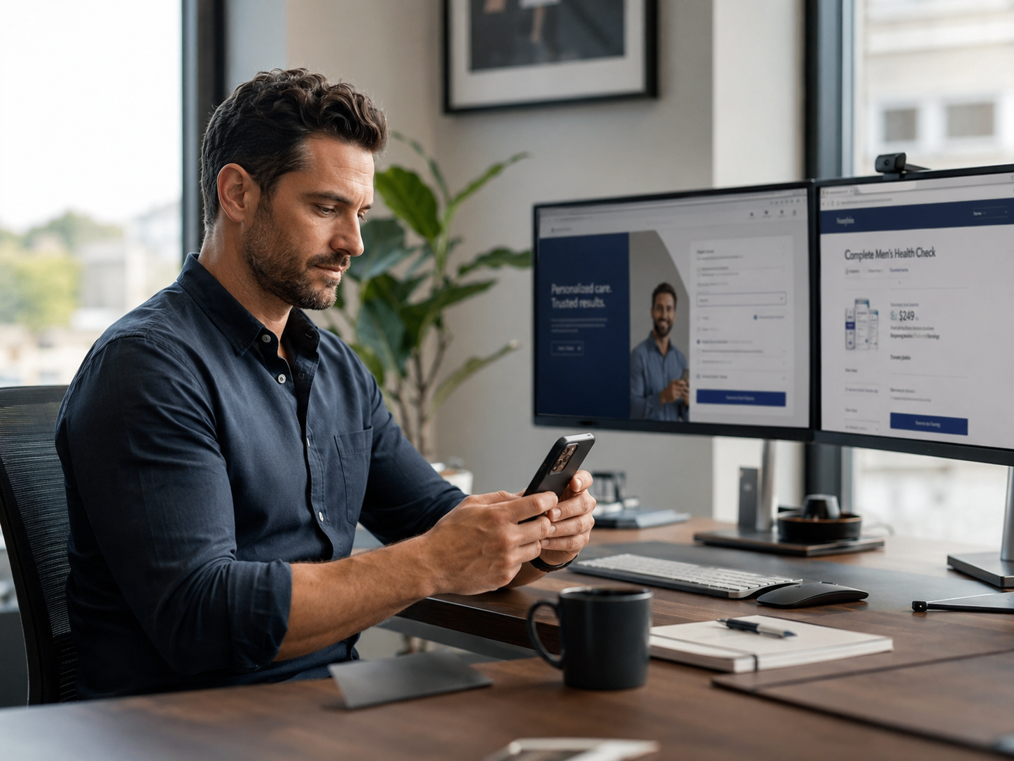 Man completing his online health intake on his phone while seated at a desk