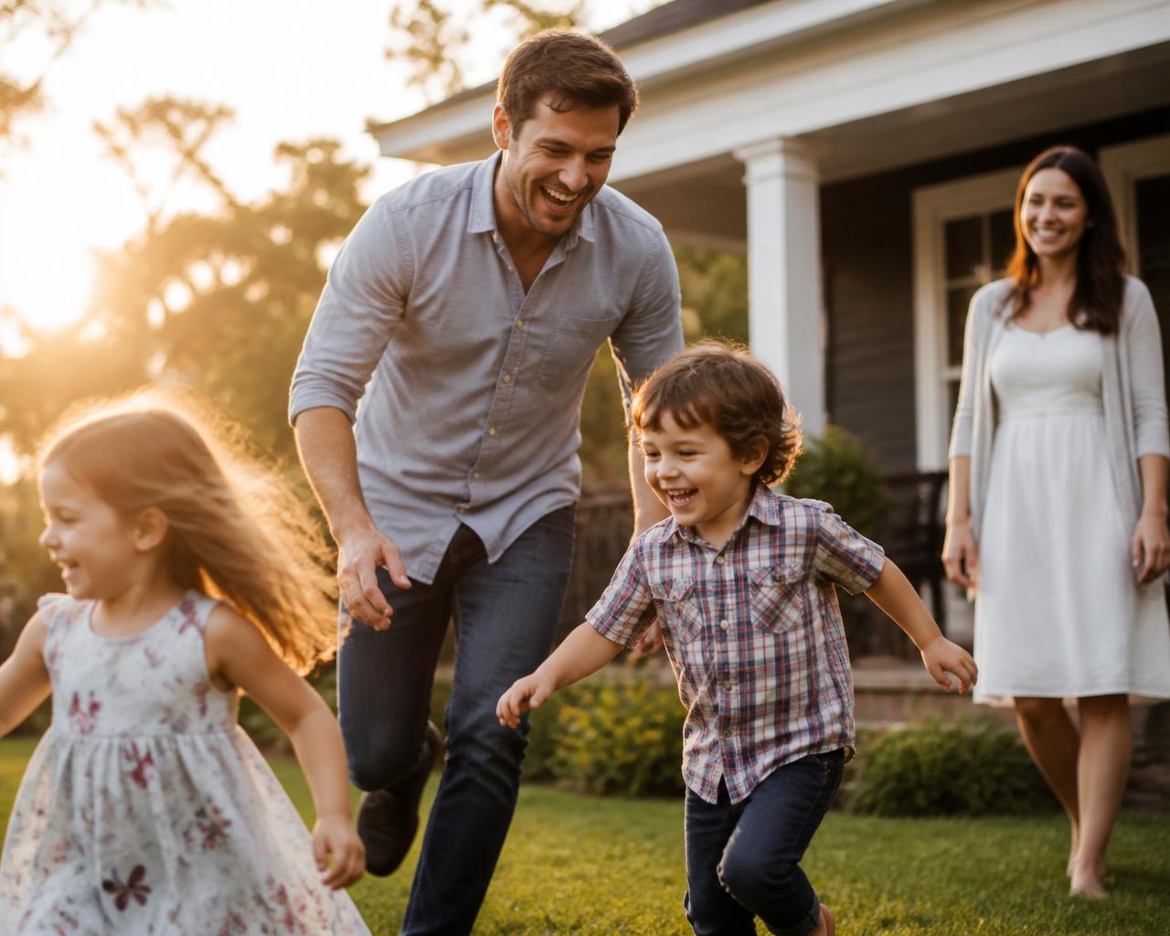 Father playing with his children in the front yard at golden hour